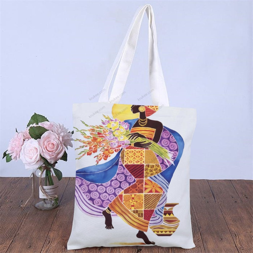 African Artwork Apron - Girl And Flowers Natural Linen Tote Bag