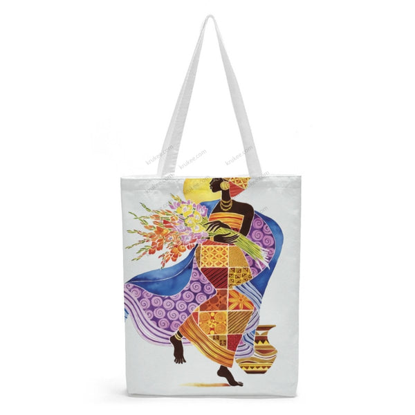 African Artwork Apron - Girl And Flowers Natural Linen Tote Bag White / S